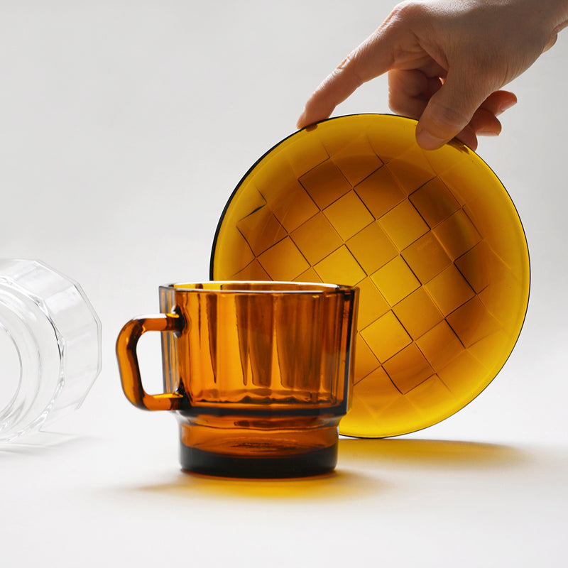 Made by recycled glass cup and plate. HMM best selling products , glass cups,Glass Coffee Mugs with handles, glass cups with handle, Coffee Mugs, coffee mug for office, Good for dishwasher, Amber,