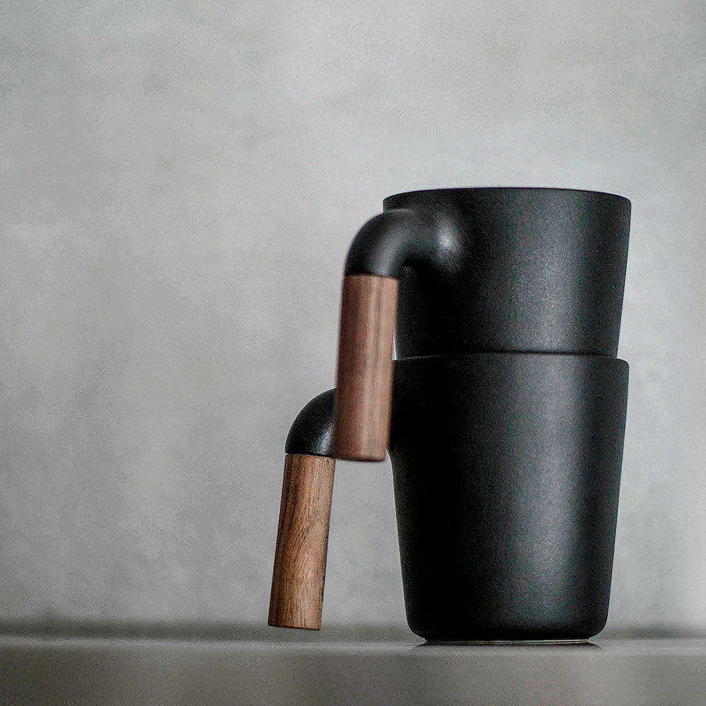 HMM signature product. Unique ceramic with walnut wood mug which can be stacked, Ceramic Coffee Mugs, Handmade Pottery Mug, Ceramic Cup with Wooden Handle, Japanese ceramic, walnut wood, Housewarming Wedding Present,