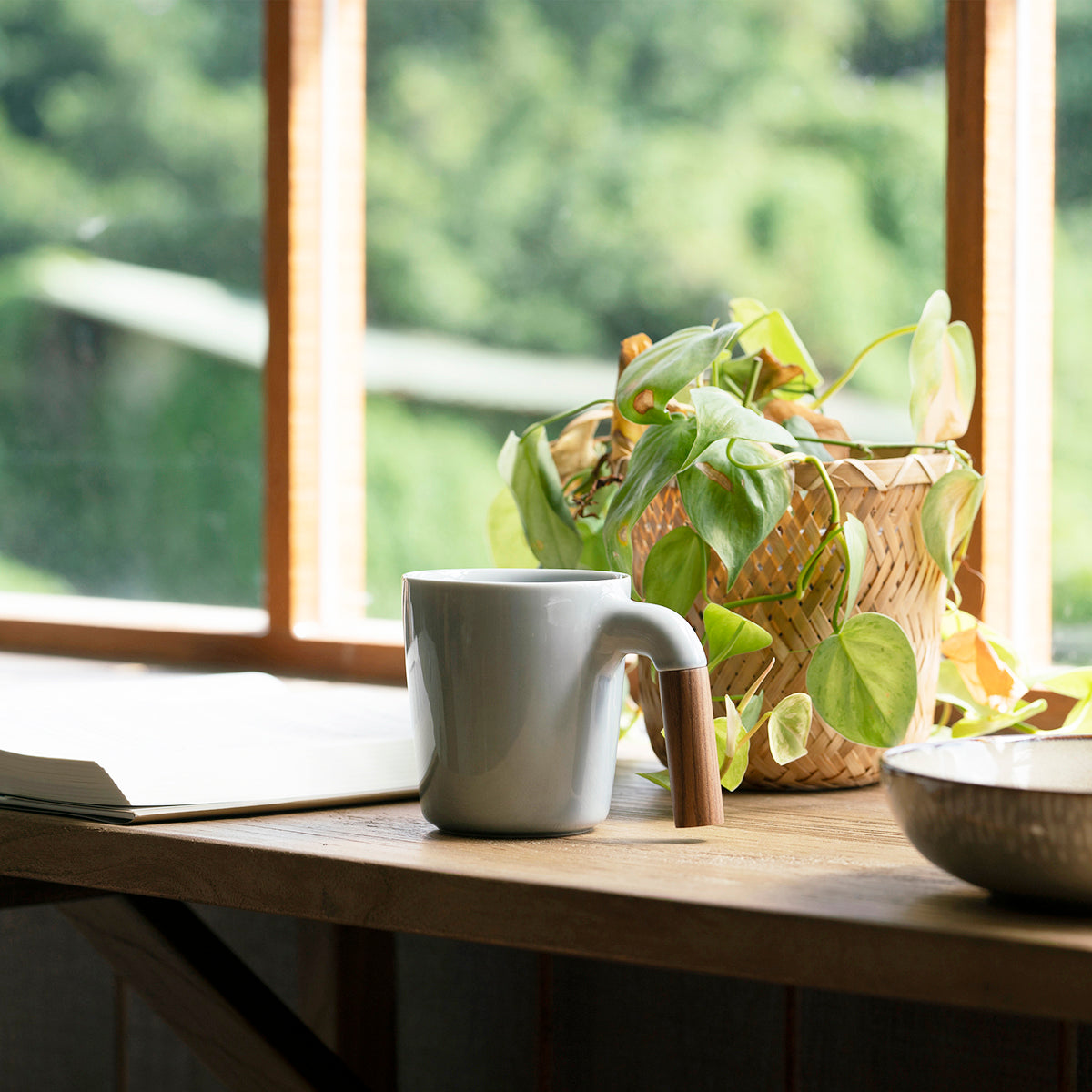 ceramic mug, coffee mug, wooden handle