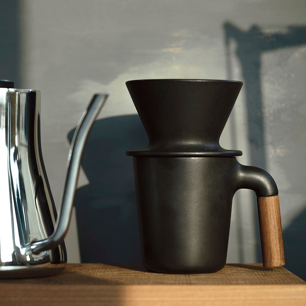 Unique ceramic with walnut wood mug. Nice set with ceramic coffee dripper.